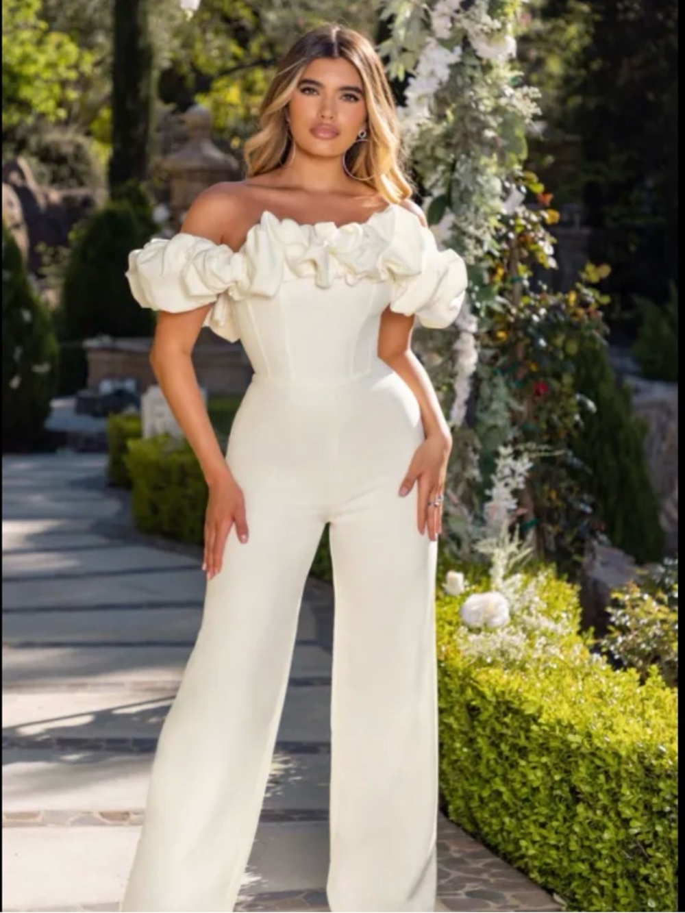 Club L London Off-Shoulder Ruffle Wide-Leg Jumpsuit in Cream